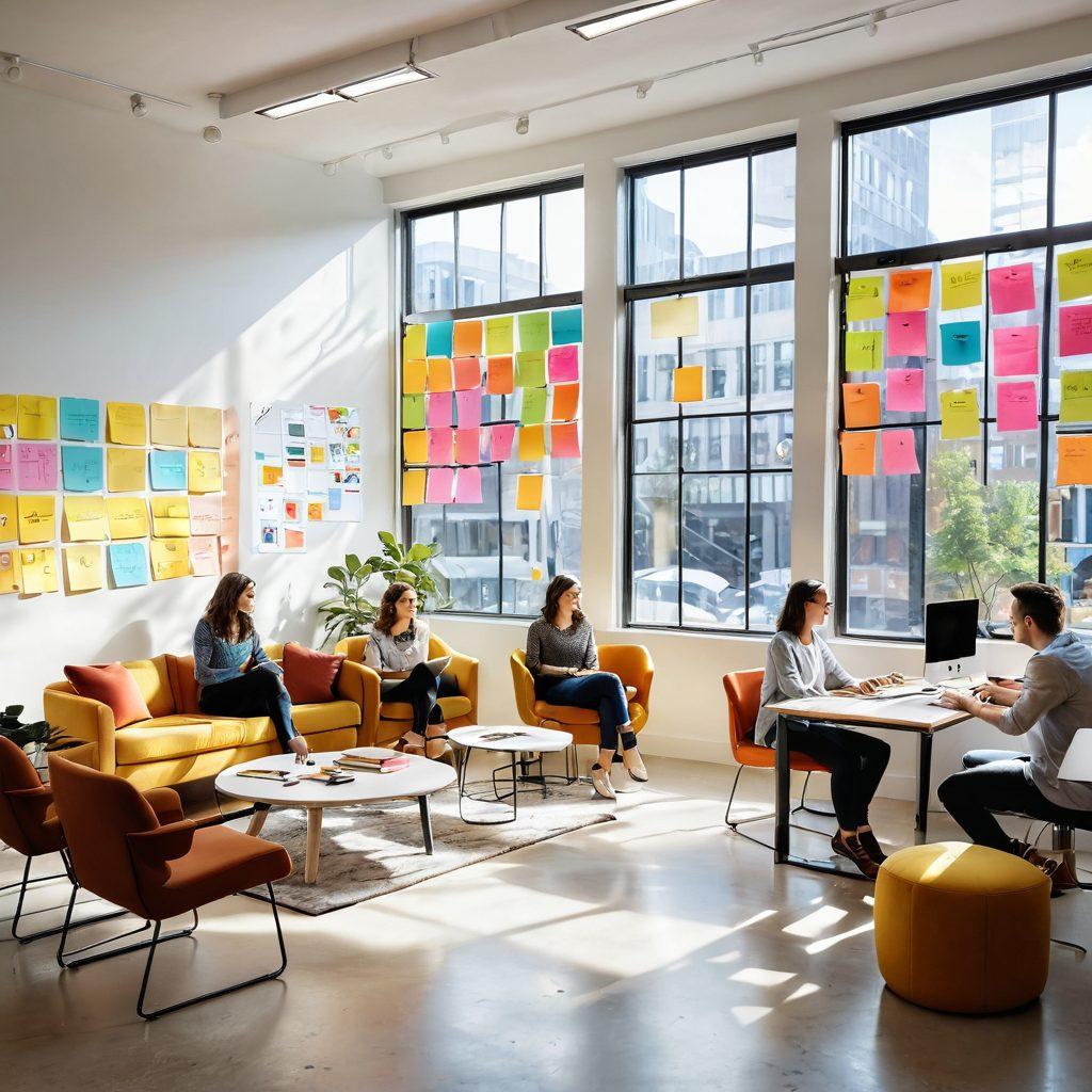 A bright and modern workspace filled with joyful collaboration tools like digital screens displaying teamwork progress, colorful sticky notes, and cozy seating arrangements. Show diverse individuals engaged in brainstorming sessions, exuding positivity and creativity. Sunlight streaming through large windows, creating an inviting atmosphere. super-realistic. vibrant colors. white background.