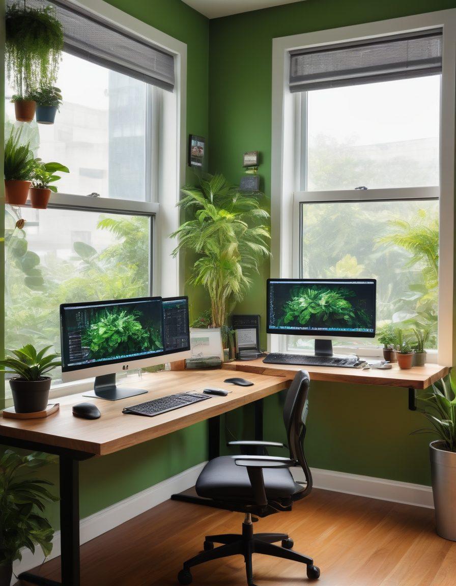 A beautifully organized and vibrant workstation featuring sleek, high-tech tools like a standing desk, dual monitors, ergonomic keyboard, and colorful gadgets. Soft natural light streaming through a large window, plants adding a touch of green, and motivating quotes framed on the walls. The atmosphere exudes creativity and productivity. super-realistic. vibrant colors. bright and airy.