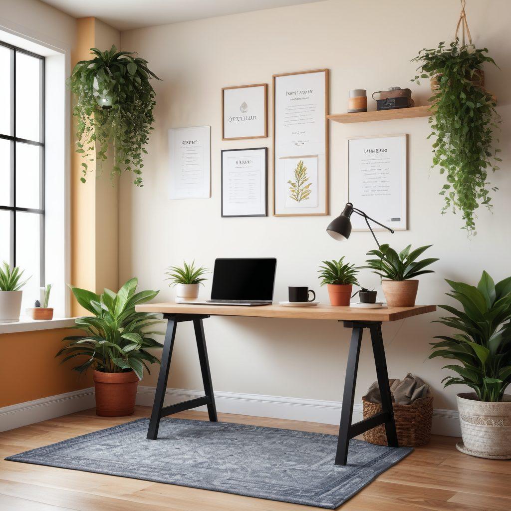 A cozy and modern remote workspace featuring a stylish desk with a laptop, vibrant plants, and a coffee cup, bathed in natural light. Showcase a person happily working, with motivational quotes on the wall and elements symbolizing balance and contentment like a yoga mat in the corner. Emphasize warm colors and a harmonious atmosphere. super-realistic. vibrant colors.